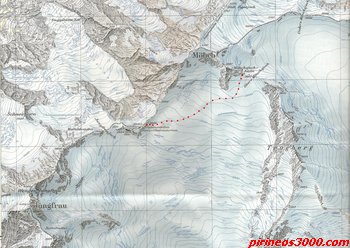 Acceso a pie desde Jungfraujoch (oeste, izda.) al refu (este, dcha.).