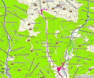 Trazo grueso, carretera. Trazo fino, pista. Trazo punteado realizado en bici o a pie