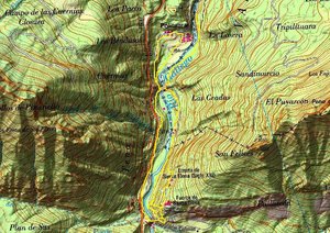 Mapa de la Ferrata de Santa Elena. Vía en amarillo.