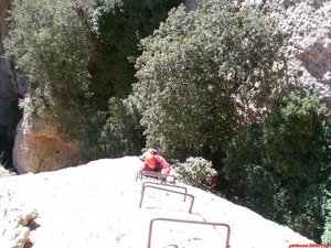 10:50h. Tramo totalmente vertical pero perfectamente equipado. Tras salir del bosque y una vez salvado el Paso Horizontal, nos queda ascender por los escalones instalados en esta pared para llegar a la Aguja de Santa Cecília...Tiempo en la vía: 00:50h.